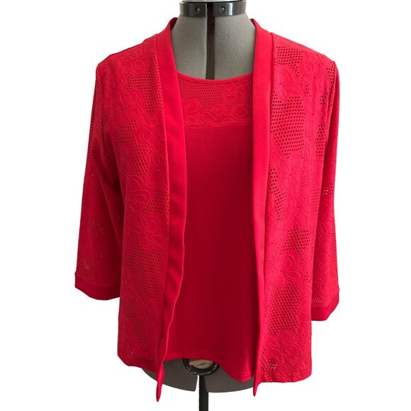 Alfred Dunner Studio Red 2-Piece Open Front Cardigan & Tank Set S Floral Lace - Picture 1 of 8